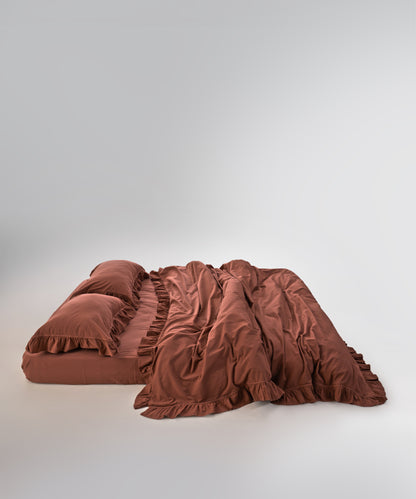 Stonewash exclusive 100% soft cotton duvet cover set in Cinnamon Stick colour with elegant ruffle detailing