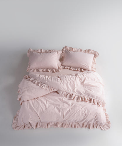 Stonewash exclusive 100% soft cotton duvet cover set in pristine color with elegant ruffle edges