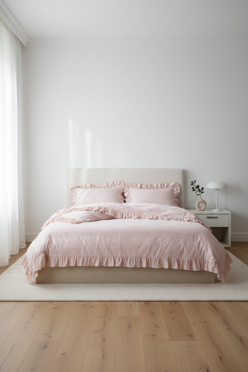 Pristine stonewashed cotton duvet cover set displayed on bed with ruffled detailing